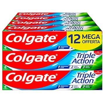 Colgate - Dentifricio Triple Action 12x75ml (Consegna in 48 Ore), Dentifricio Protezione contro la Carie, Denti Bianchi, Alito Fresco, Protezione Smalto, Formula Sbiancante e Rinfrescante