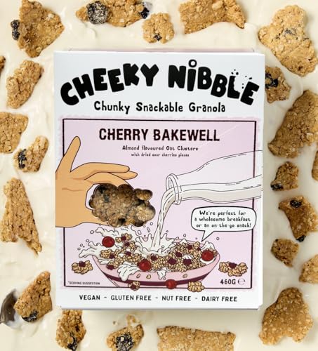 Cherry Bakewell Granola - Vegana, sin gluten, sin lácteos, sin nueces, cereales de granola y aperitivo