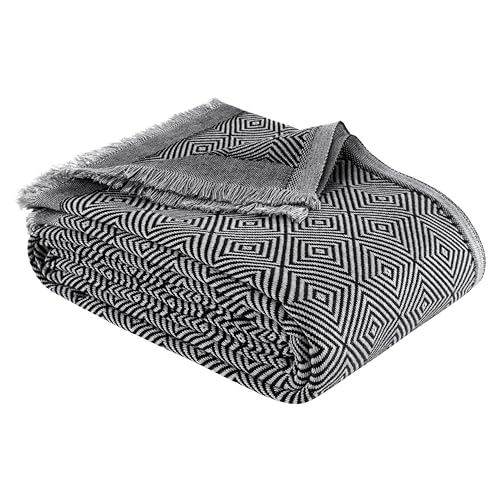 NESILY®, copriletto con frange, versatile per divano, letto e picnic, design vintage, per camera da letto, soggiorno, divano, coperta da divano, coperta da divano, coperta da letto, colore nero