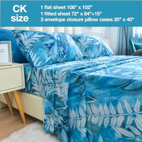 Image of JSD Blue Tropical Leaves Print Sheet Set Cal King Deep Pocket | 4 Piece Soft Botanical Microfiber Sheets, OEKO-TEX Certified, Easy Care