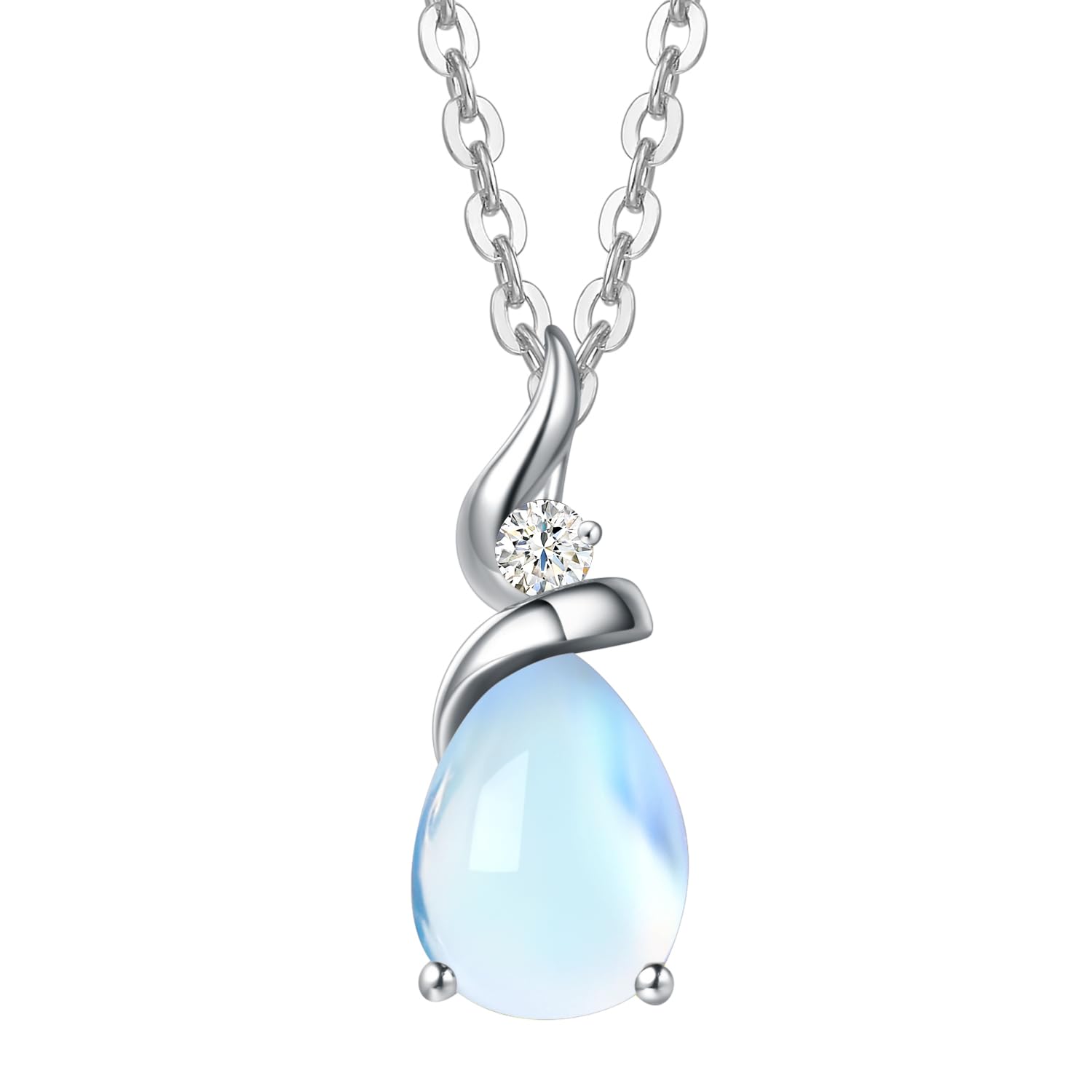 FANCIME Solide 14 Karat 585 Weiß Gold Tropfen Anhänger mit 925 Sterling Silber Kette Halskette mit Edelstein und echt Diamant Schmuck für Damen mit Geschenk Box - Kettenlänge: 40 + 5 cm