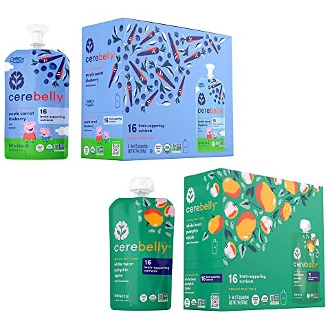 Cerebelly Baby Food Pouches – White Bean Pumpkin Apple & Purple Carrot Blueberry (6 Each), Organic Fruit & Veggie Purees, Great Snack for Toddlers, 16 Brain-supporting Nutrients, No Added Sugar Cover