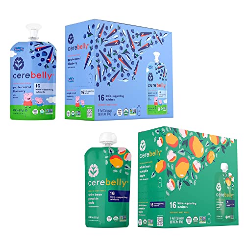Cerebelly Baby Food Pouches – White Bean Pumpkin Apple & Purple Carrot Blueberry (6 Each), Organic Fruit & Veggie Purees, Great Snack For Toddlers, 16 Brain-Supporting Nutrients, No Added Sugar #TOP15
