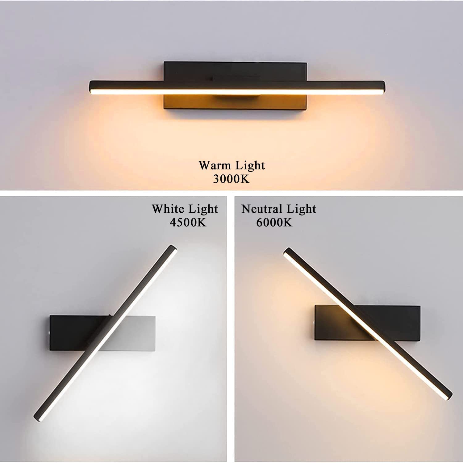 Aplique pared interior regulable 3000k-6500k, luz espejo baño con enchufe, lámpara pared giratoria 330° para estudio o dormitorio junto a la cama (Negro)