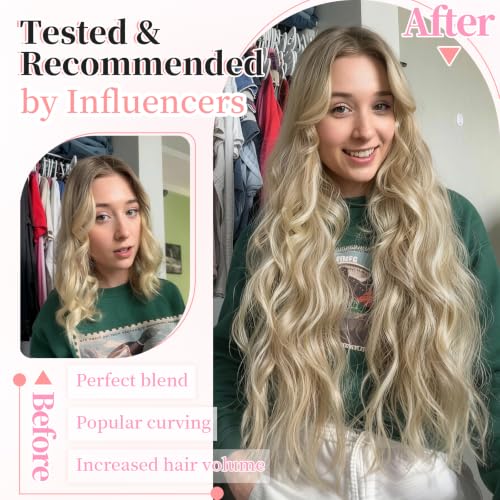 Image of KooKaStyle Wavy Thick Clip in Hair Extensions 24 inch Beach Blonde | 4 Pcs Clip in Extensions,Fiber Double Weft Hairpieces,Natural Volume,Beach Wave Long Synthetic Highlight Hairpieces for Women