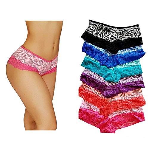 Sexy printed lace trim cotton hipsters boy shorts pack of 6 different zebra colors. (Large, All Sorted 1)