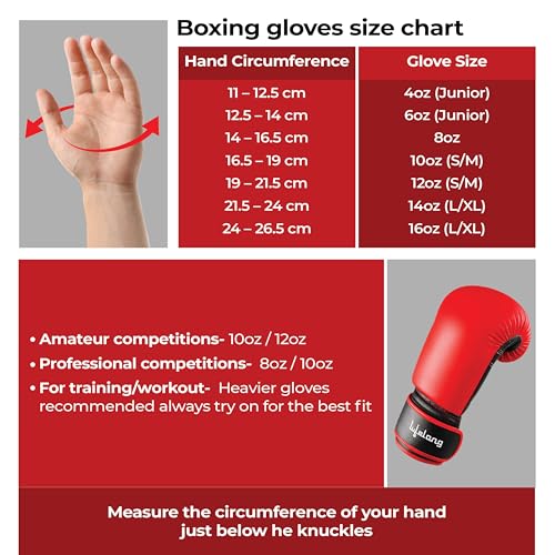 Image of Lifelong Boxing Gloves for Men and Women | Punching Bag Gloves with Moulded Foam Padding | for Training, Boxing, Kickboxing, Muay Thai, MMA | Durable PU Leather 1 Pair Gloves (Size 16 OZ, Color Red)