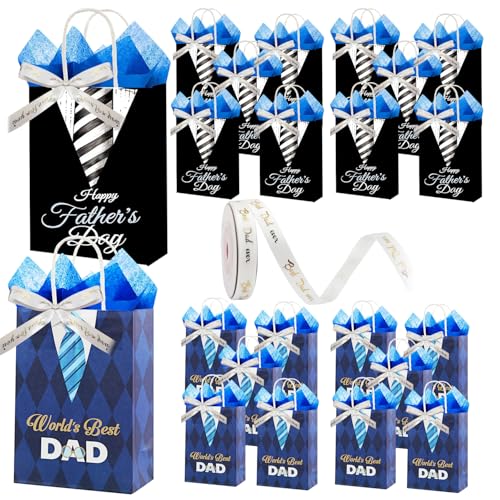 Colodeol 20 Pcs 10.8" Father's Day Bags with Tissue Paper and Ribbon，Large Fathers Day Bag with Handles Fathers Paper Treat Candy Bag Bulk for Dad