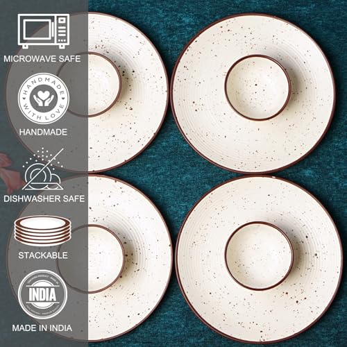 Image of Freakway Handcrafted Off White Stoneware Pack of 10 Pieces Ceramic Dinner Set 4 | Crockery Set for Dining Table | 4 Dinner Plates, 4 Bowl /katori & 2 Serving Bowl | Microwave & Dishwasher Safe