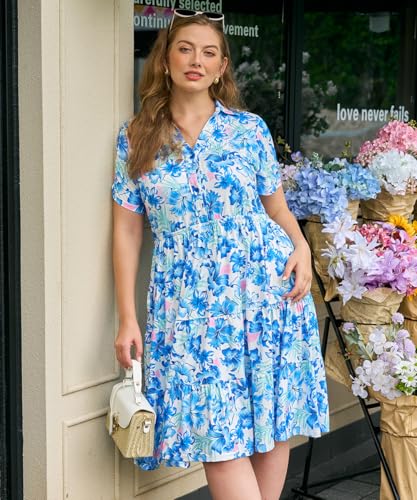 Image of CARCOS Plus Size Dresses for Curvy Women Collared Vneck Short Sleeve Dresses Midi Summer Ruffle Dress with Pocket XL-5XL
