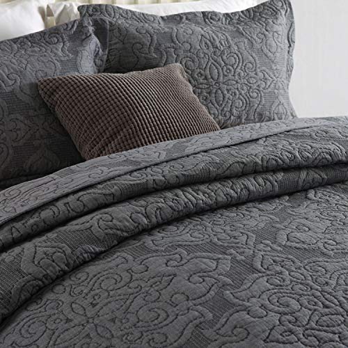 Newlake Reversible Quilt Bedspread Embroidered Microfiber Coverlet Set,Jacquard Embossed Floral,Grey, King Size #TOP2