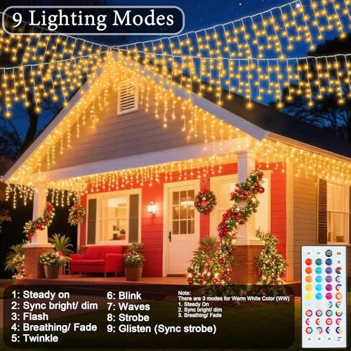 Image of Pooqla 35 Colors Icicle Lights for Outside, 39FT Icicle Christmas Lights | Outdoor Roof Christmas Lights with Remote, Color Changing LED Hanging String Lights for Roof Window Halloween Decorations