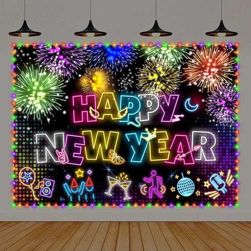 HABDJILTY Happy New Year Neon Banner with LED Light, Glow in the Dark New Years Eve Party Decoration, 2026 Year Banner Background Neon Colorful NYE Glow Party Decors Supplies, 43.3*71 inch