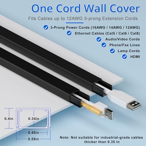 Image of ZhiYo 68 inch Cord Hider for 1 Cable, Small Black Wire Covers, 0.6 inch W x 0.4 inch H | Fits Up to 1 Thick Extension Cord, Premium Paintable Cable Management Raceway for Wall & Corner, Easy Install