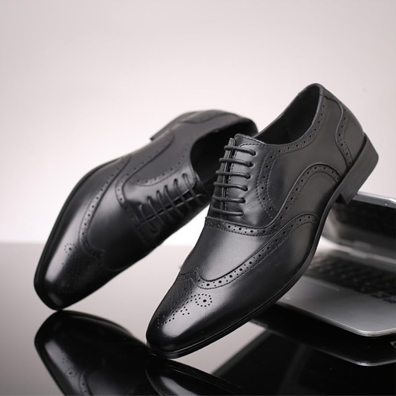 Men's Leather Brogues Low Heel Dress Shoes Classic Round Toe Lace-Up Wingtip Business Oxford Shoes for Driving Office Business Wedding4