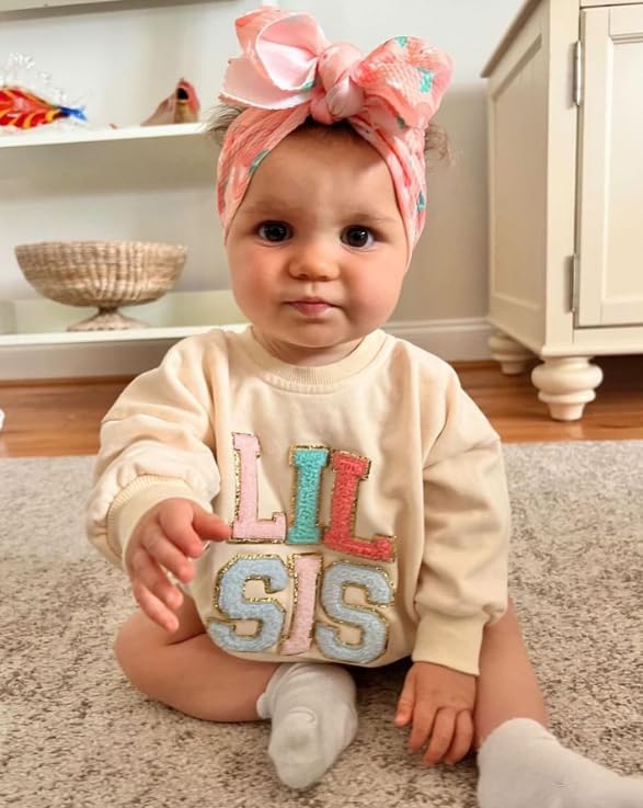 FIOMVA Baby Girl Little Sister Onesie Newborn Outfit Sweatshirt Romper Toddler Fall Long Sleeve Cute Bodysuit Clothes (A Little Sister Apricot, 12-18 Months)