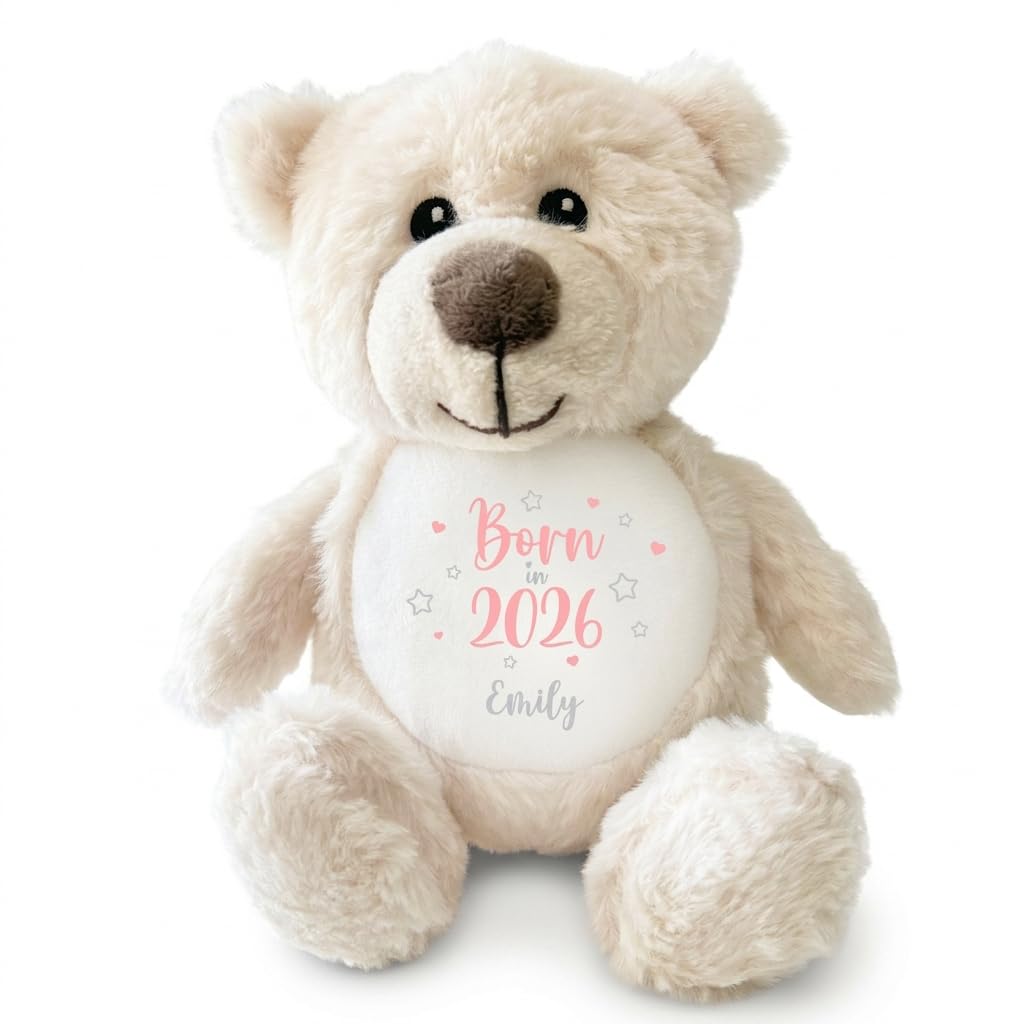 Personalised Born in 2026 Cream Teddy Bear New Baby Gift with Name