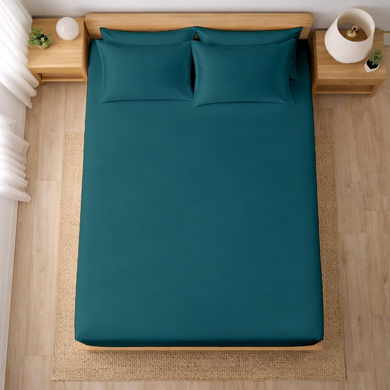 Image of Filbert - Premium Satin Fitted Bedsheet Single Bed (36x75 Inch) with 1 Pillow Cover | Hypoallergenic Breathable | Hair and Skin Friendly, Women Gift Choice|Teal