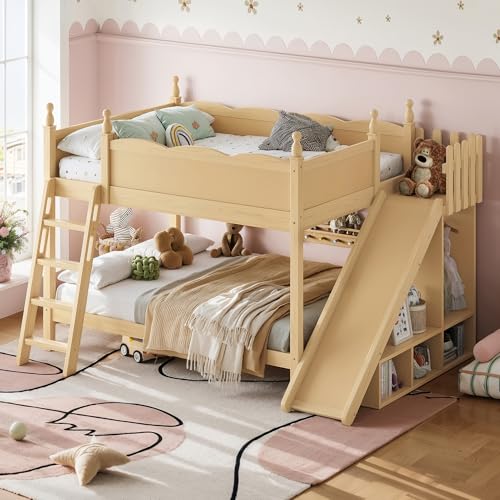 Image of Bellemave Bunk beds Full Over Full with Slide and Stair, Low bunk /loft Bed for Kids,Natural