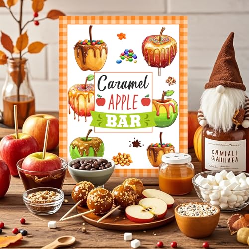 Image of Marspark 14 Pcs Caramel Apple Dipping Bar Station Decorating Set for DIY Candy Apple Corners Fall Dessert Table Sign with Stand and Cards for Fall Autumn Halloween Thanksgiving Table Decorations