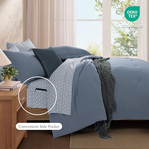 Image of Monbix Full Size Comforter Sets-7 Pieces Soft Bed in a Bag Full Bedding Set | All Season Oxford Blue Prewashed Comforter Bed Set with Striped Sheets, Pillowcases & Shams