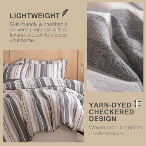 Image of 100% Cotton Comforter Set King Size - Reversible Yarn-Dyed Stripe Design, Soft Washed Cotton on Both Sides, Lightweight All-Season Bedding, Machine Washable(Grey White Stripe, 104 inchx90 inch)