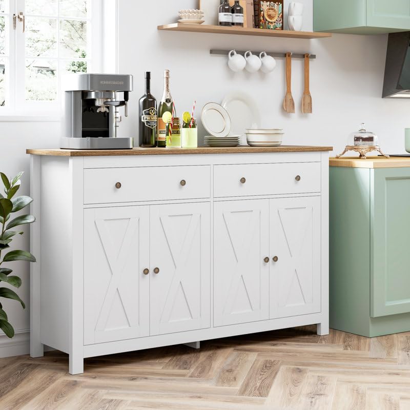 55” Large Sideboard Buffet Cabinet with Storage Kitchen Storage Cabinet with 2 Drawers & 4 Doors, Modern Black Buffet Table, Coffee Bar Cabinet for Dining Room & Living Room (White and Brown)-image-29