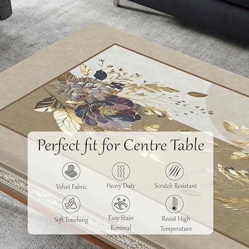 Image of Cloth Fusion Velvet Floral Centre Table Cover Cloth 4 Seater with Stunning Gold Foil Design for Home Decor (40x60 Inch, Taupe)