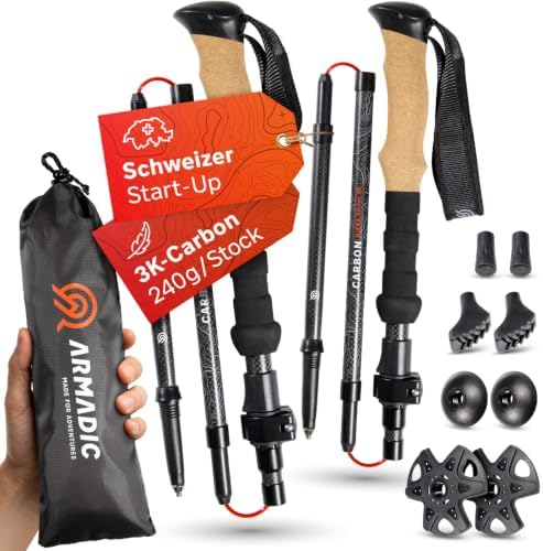 Armadic® Wanderstöcke faltbar Carbon & Aluminium (nur 240g/295g) Korkgriff | Ultraleicht & stufenlos verstellbar, Trekkingstöcke, Walking Stöcke für Nordic Walking, 115-135cm / 100