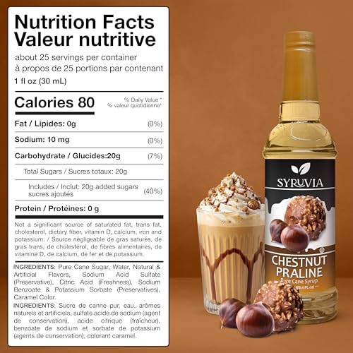 Image of Syruvia Coffee Syrup, Chestnut Praline Flavored Syrup for Drinks, Lattes, and Desserts - 25.4 fl oz - with Pump