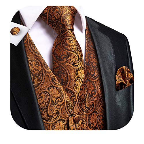 Hi-Tie Men s Burnt Orange Paisley Suit Vest Tie Set Formal Brown Silk Dress Waistcoat 4pc Necktie Pocket Square Cufflinks Set for Wedding Party or Tuxedo