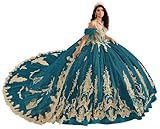 DXUOPL Teal Cold Shoulder Quinceanera Dress with Cape Elegant Train Ball Gowns Sparkly Tulle Sweet 16 Dresses Gold Lace Appliques Vestidos de Quinceañera Size 12