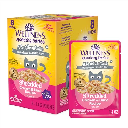 Image of Wellness Appetizing Entrees Age Advantage Shredded Senior Wet Cat Food, Natural, Protein Rich, Grain Free, Chicken and Duck Recipe, 1.4 oz, Pack of 8 Pouches