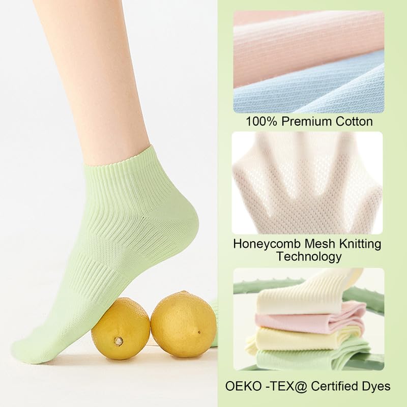 2 Pairs Soft Thin 100% Cotton Ankle Socks for Women with Aloe Vera Infused Moisturizing, Seamless Toe Design, Non-Slip Fit, Reinforced Heel for Running Hiking Daily & Casual Wear Size 6-94