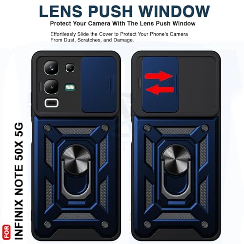 Image of AESTMO Tough Armor Infinix Note 50X 5G Bumper Back Case Cover | Ring Holder & Sliding Camera Shield Cover | 360 Degree Protection Back Case Cover for Infinix Note 50X 5G (Blue)