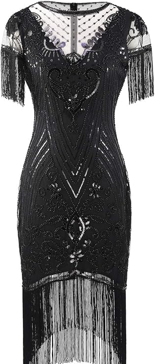 867A - Plus Size 1920s Vintage Fringed Gatsby Sequin Beaded Tassels Hem Flapper Party Prom Cocktail Dress with Accessories2