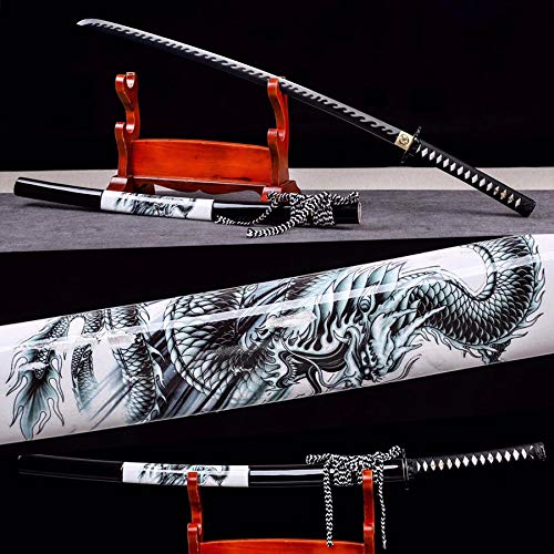 Handmade Razor Sharp Japanese Samurai Sword Real Combat Ready Katana,Damascus Folded Steel,T1095 High Carbon Steel Full Tang Blade (Black Blade Dragon Saya Katana)