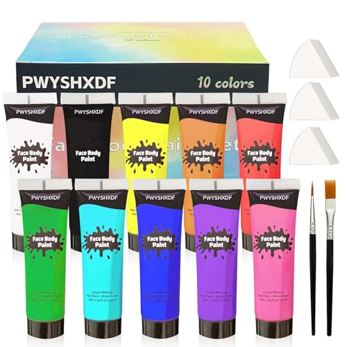 PWYSHXDF 10 Colors Face Body Paint Set, Water Based Body, Washable Face Paint Kit with Brushes & Sponges...