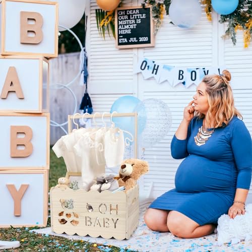 Image of Wooden Baby Shower Crate Closet with Hangers, Baby Shower Gifts Basket with Handle Garland Storage Crate Hamper for Pregnant New Parents (Wood Color)