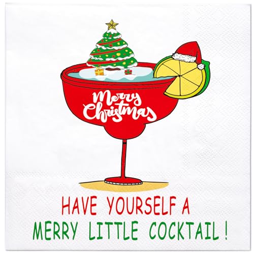 WRAPAHOLIC 50Pcs Christmas Paper Napkins - 3 Ply Xmas Wine Glass Disposable Cocktail Napkin for Christmas Party Supplies Tableware, Xmas Holiday - 5 x 5 In
