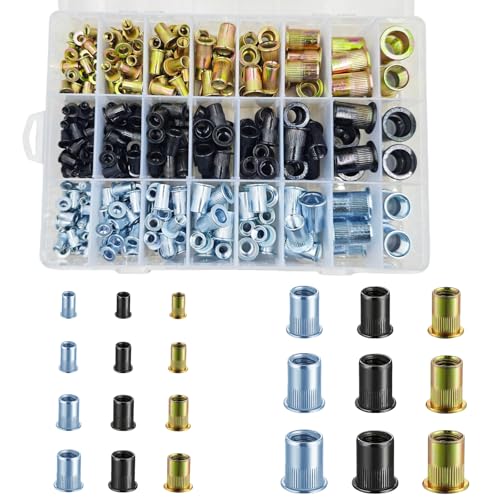 Image of Wensilon Rivet Nut Kit British (300PCS) Black Zinc Yellow Zinc Blue White Galvanized Finish Flat Head Rivet Nut Kit Thread Insertion Nut Roller Body (6-32 8-32 10-24 1 /4-20 5 /16-18 3 /8-16 1 /2-13)