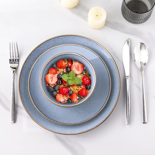 Image of GBHOME Ceramic Dinnerware Sets for 4, 12 Pieces Stoneware Plates and Bowls Sets, Reactive Glaze Dishes -Scratch Resistant, Dishwasher&Microwave Safe- Brunnera Blue