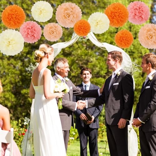 Image of BestoFun 16Pcs Pink & Orange Party Decorations - Pom Poms, Paper Flowers & Boho Groovy Decorations for Fall, Autumn, Thanksgiving, Birthday, Baby Showers & Weddings