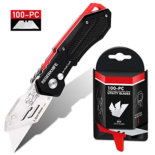 Folding Utility Knife with SK5 Blades 100Pack, RegerKnife Heavy Duty Box Cutters Carpet