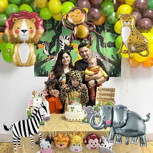 Image of Large Animals Foil Balloons for Jungle Safari Birthday Party Decorations | Big Lion Zebra Elephant Monkey Leopard Balloons for Kids Boys Young Wild One Two Three Zoo Baby Shower Party Decor Supplies