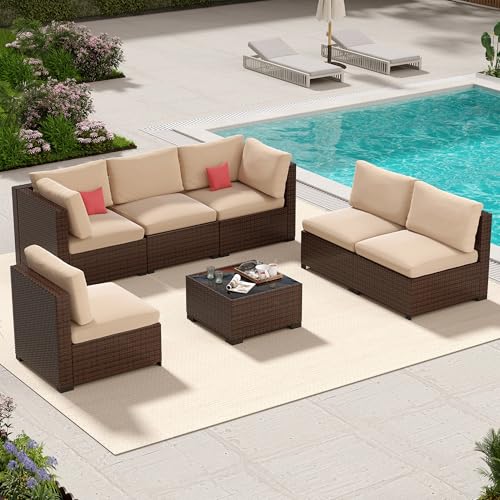 Image of LHBcraft 7 Piece Outside Sectional Furniture Set, All Weather Wicker Patio Sofa, Outdoor Sectional Balcony Furniture with Beige Cushion & Glass Coffee Table