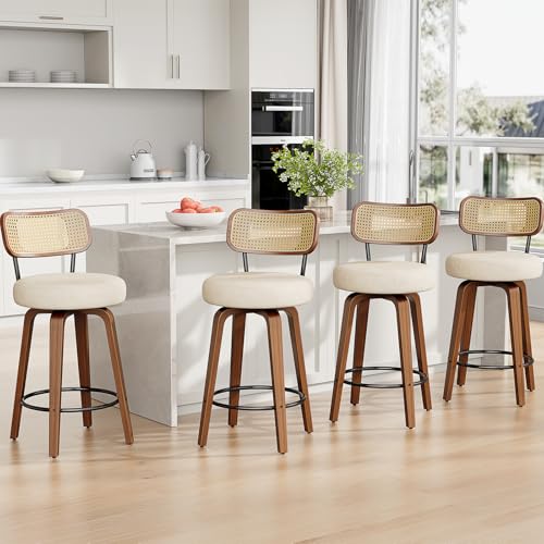Image of YaFiti Swivel Bar Stools Set of 4, 26''H Upholstered Barstools with Rattan Backs and Wood Legs, PU Leather Counter Height Bar Chairs for Kitchen Island, Cream White