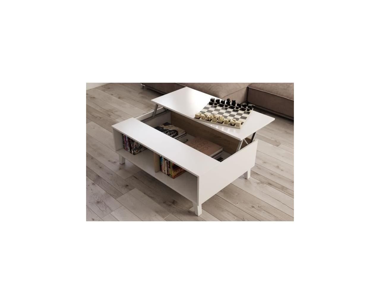Habitdesign – Mesa de Centro Elevable para Salón o Comedor, Color Blanco Brillo y Roble Canadian, 100x68x38-48 cm - Modelo Zaiken Plus