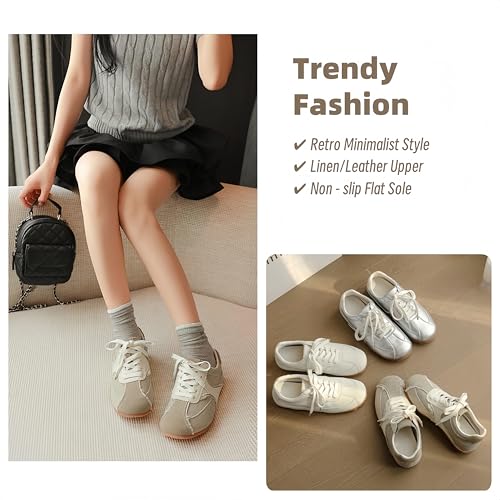 Women's German Trainer Sneakers - Retro Minimalist Leather/Linen Upper Non - Slip Flat Sole, Casual Tennis Shoes2