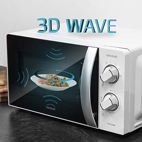 Microondas Cecotec ProClean mostrando la tecnología 3D Wave que envuelve los alimentos, con un platillo de comida dentro